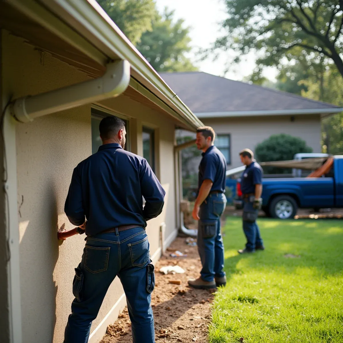 Crew removing sagging old sectional gutters and preparing fascia for continuous seamless replacement in Houston