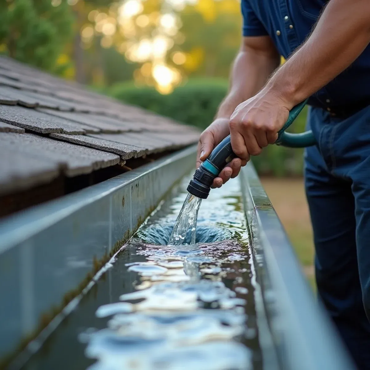 Active water hose flow test demonstrating rapid water discharge through downspout elbow