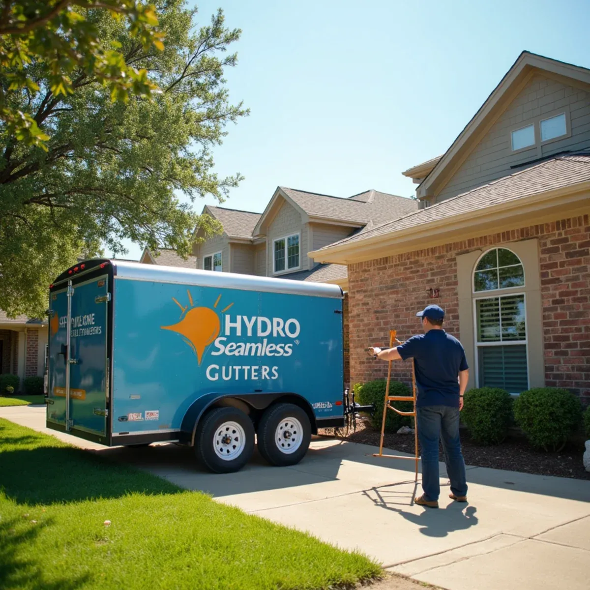 Hydro Seamless Gutters installation trailer and technician measuring eave pitch on custom Houston home