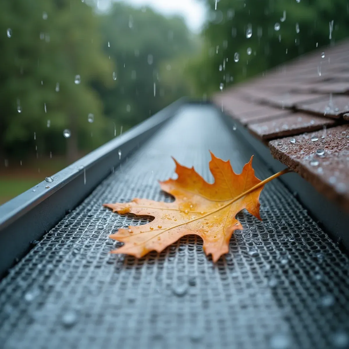 Water drops siphoning instantly through micro-mesh screen while oak debris stays on top