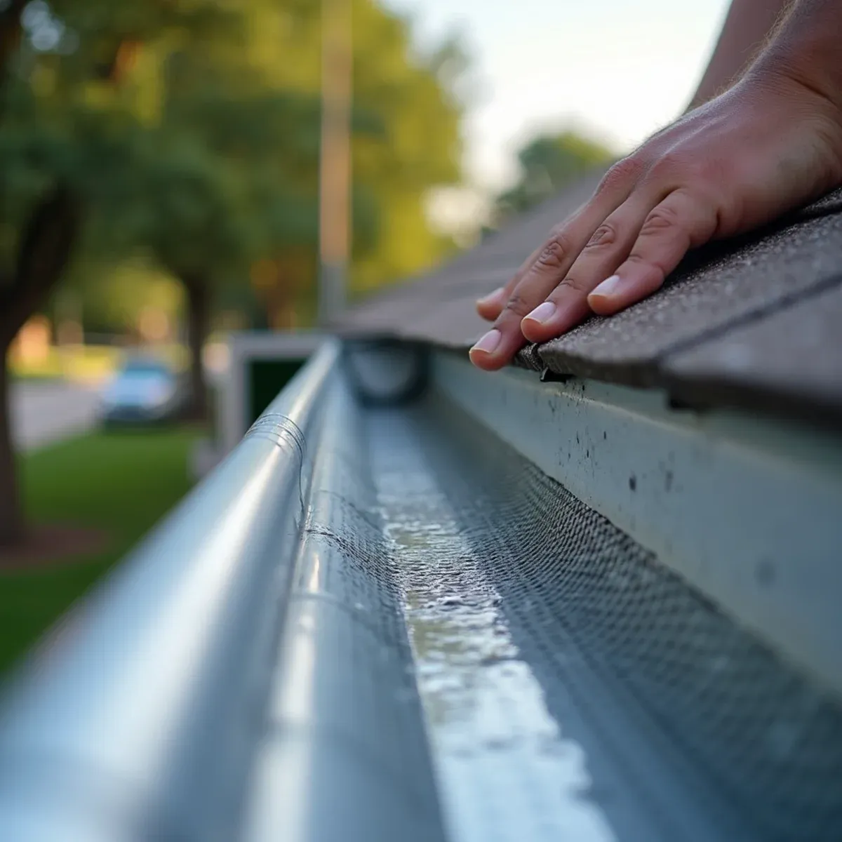 Pristine debris-free gutter interior beneath installed micro-mesh guard after heavy storm