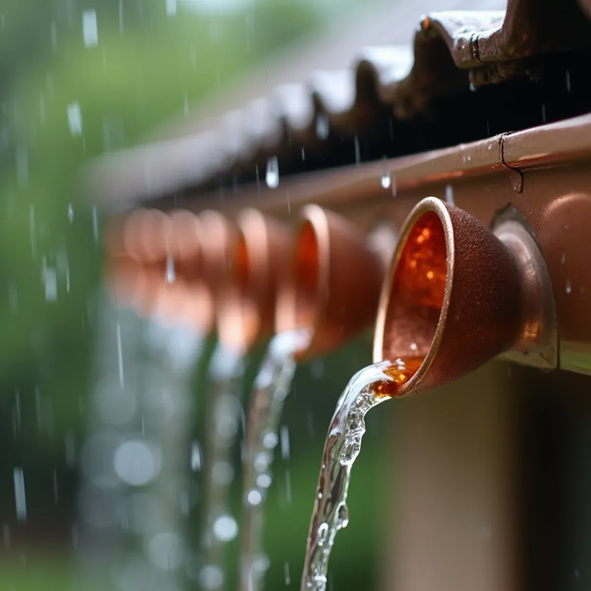 Water cascading smoothly from cup to cup down heavy-gauge pure copper rain chain link