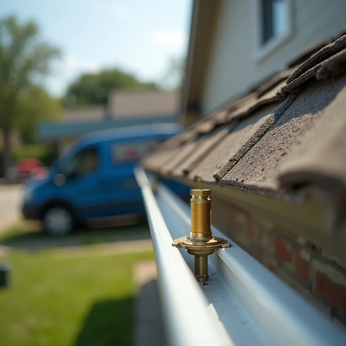 Brass gutter outlet reduction adapter securing top of rain chain firmly inside gutter trough