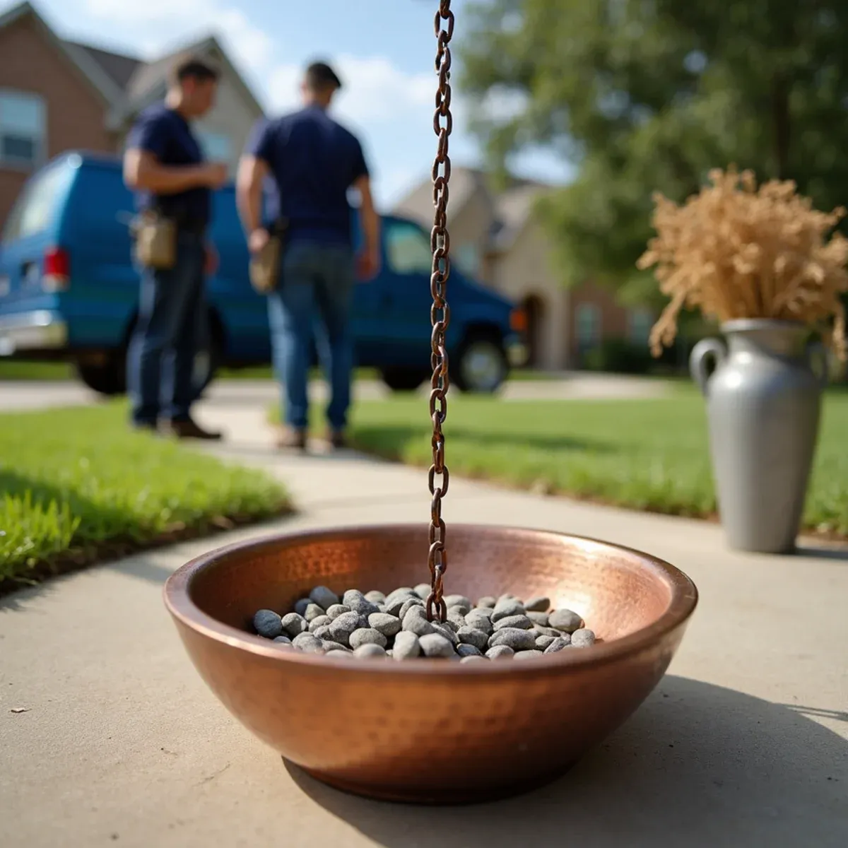 Decorative pebble-filled copper basin anchoring bottom of rain chain preventing wind sway