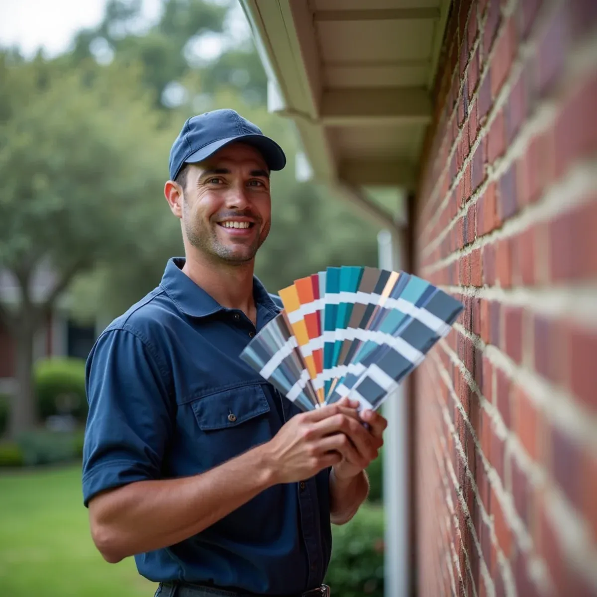 Technician holding color swatches against residential brick and trim to ensure perfect aesthetic match