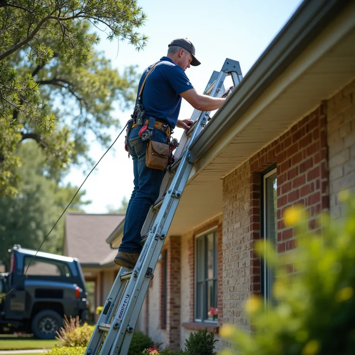 Safe ladder standoff setup providing stable access to high residential gables and eaves