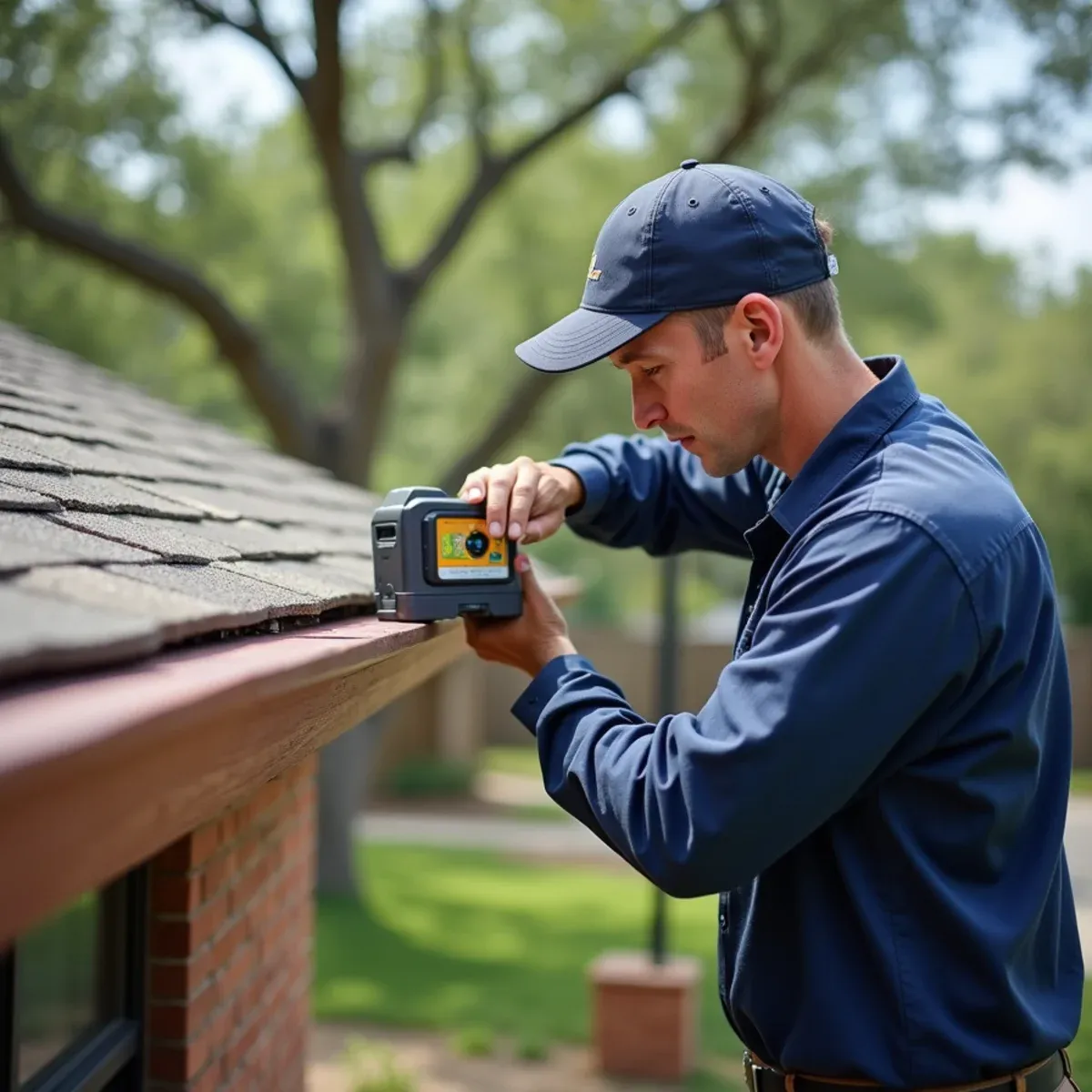 Laser level projecting a true slope line along fascia board to establish correct drainage gradient