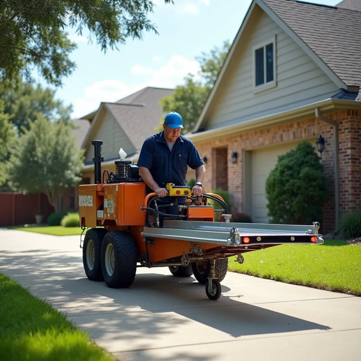Mobile roll-forming machine extruding seamless aluminum gutter trough directly on a Houston driveway