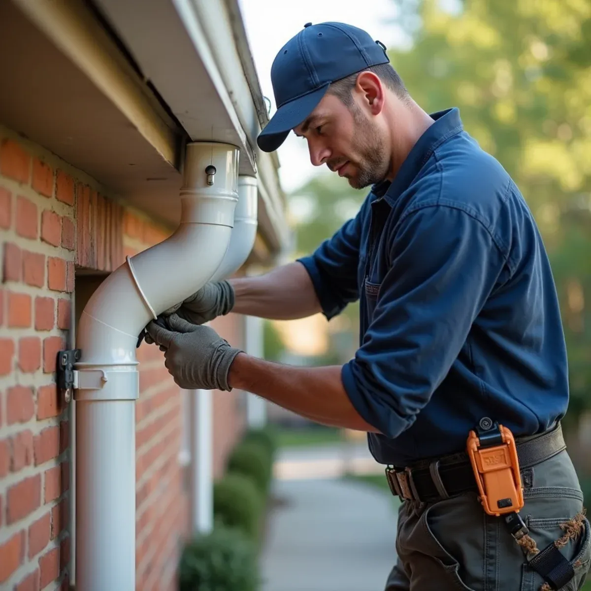 Technician securing white aluminum downspout to exterior brick siding with matching wall straps