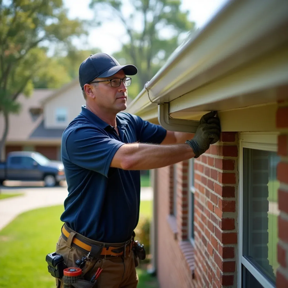 Professional gutter installer securing continuous seamless aluminum gutters along Houston roofline