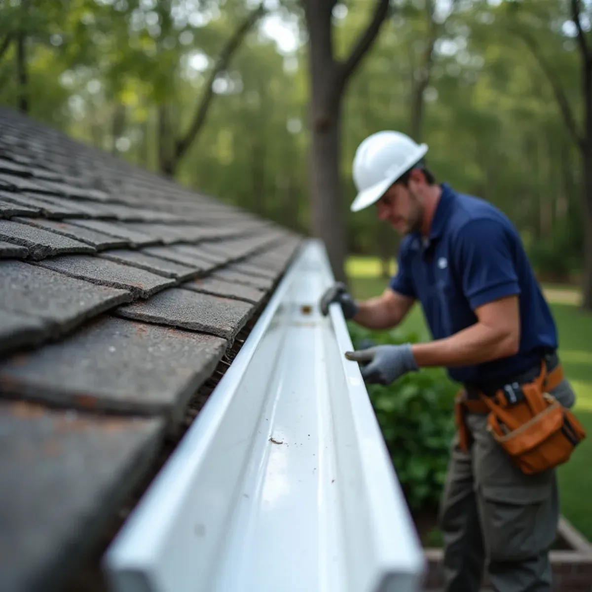 High-flow 6-inch seamless gutters protecting home foundation near Lake Houston watershed