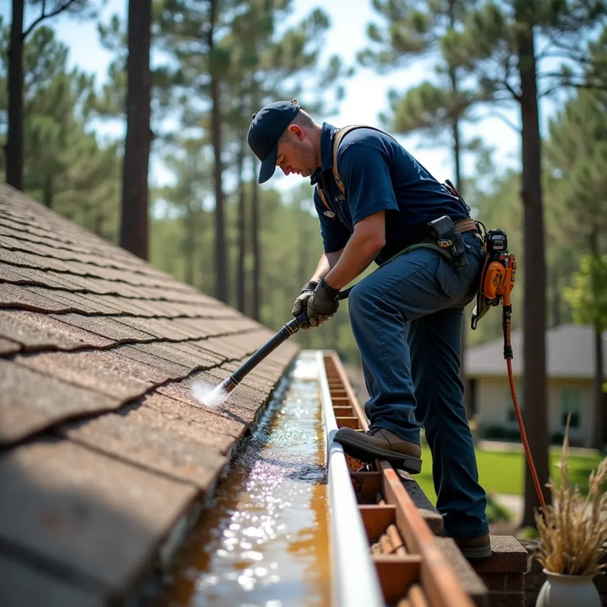 Technician flushing downspout and clearing accumulated pine needles from roof valley