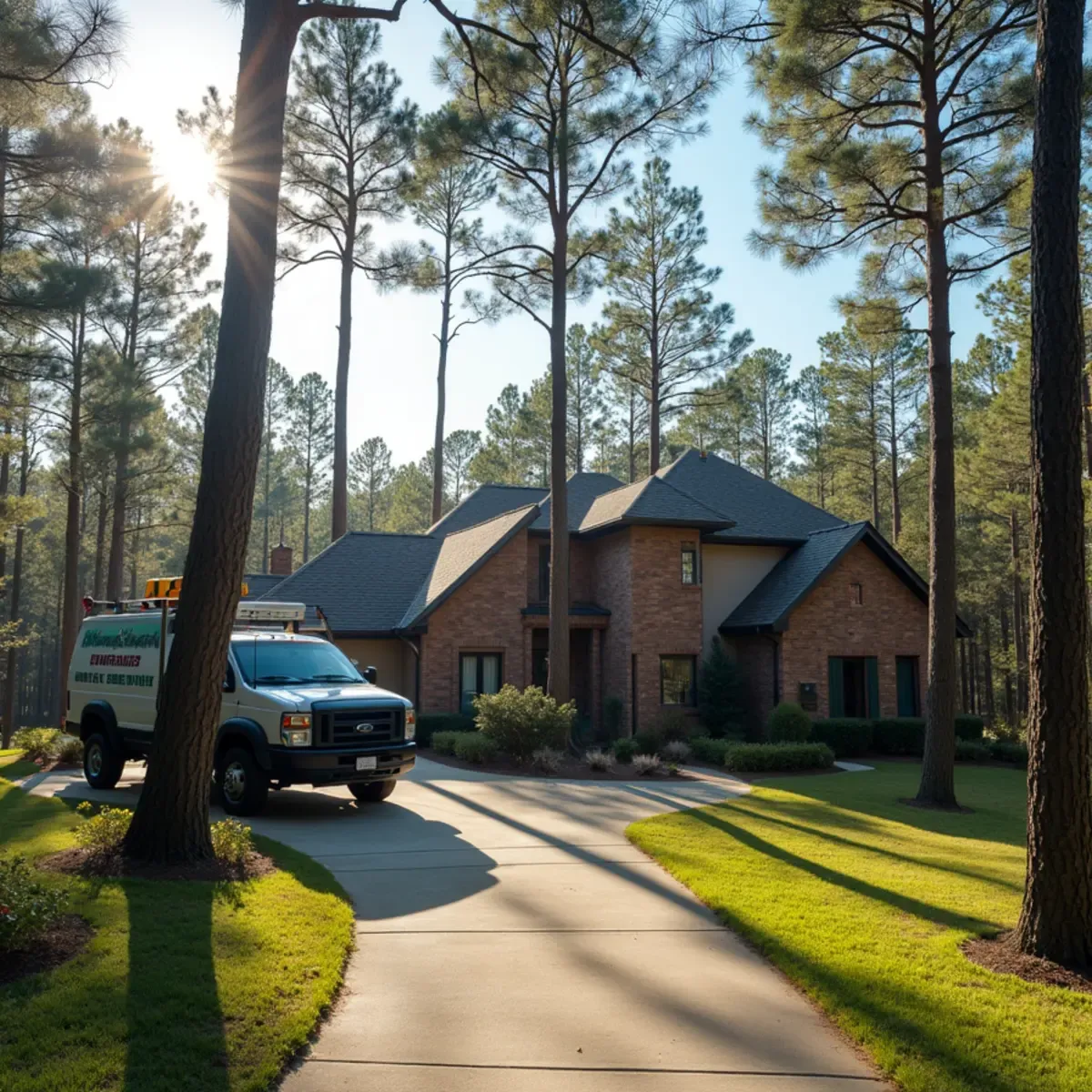 Wooded lakeside suburban setting in Atascocita with tall loblolly pines framing a modern brick home