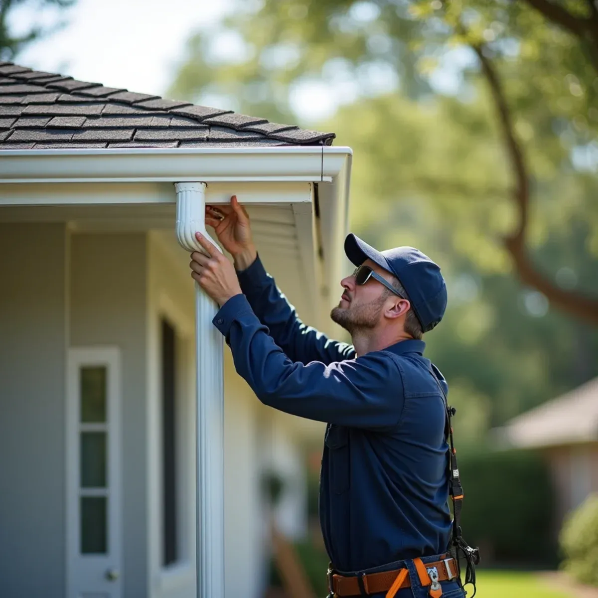 Installing durable 5-inch seamless aluminum gutters on traditional ranch home in Cloverleaf