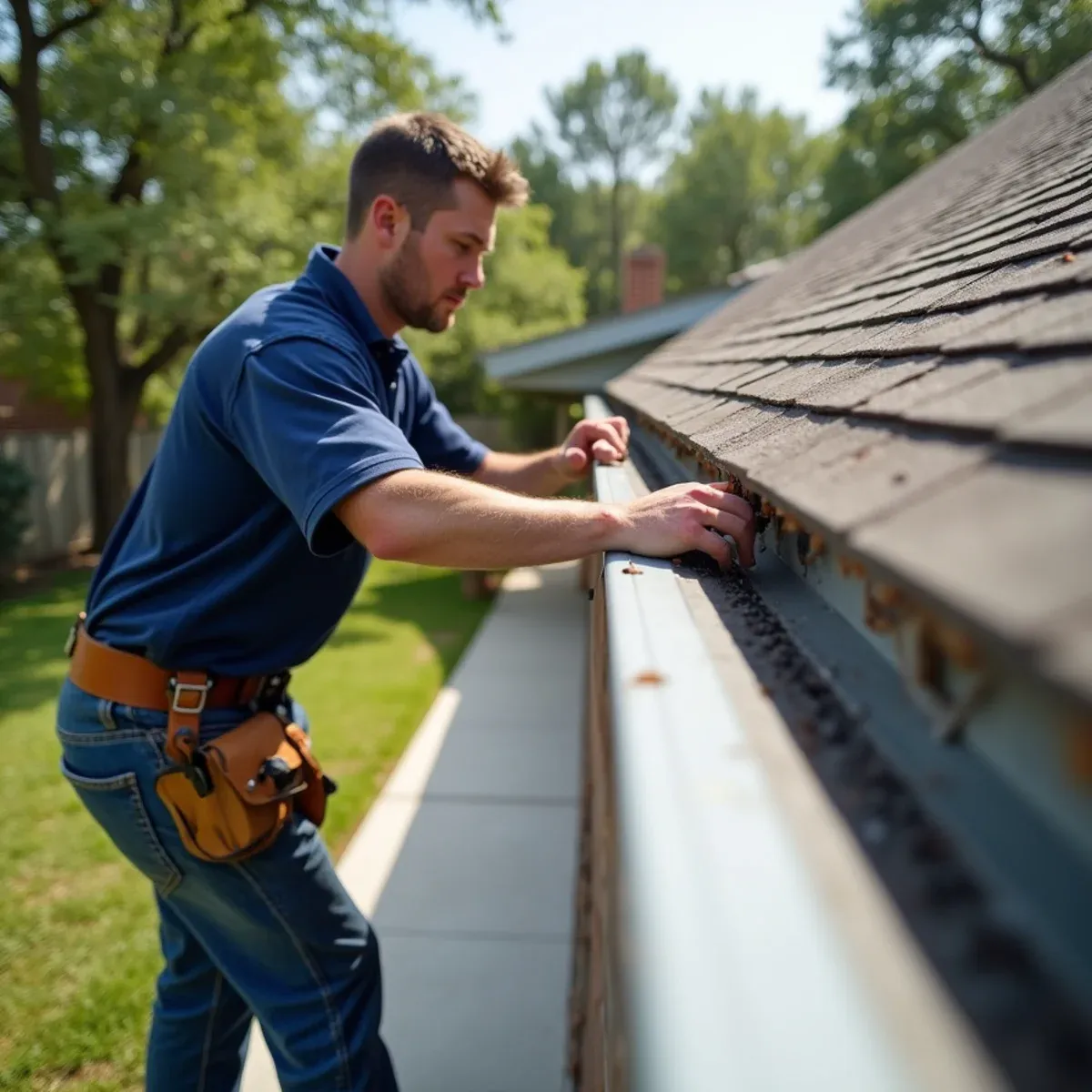 Clean completed gutter installation with spotless walkways and clear downspout flow