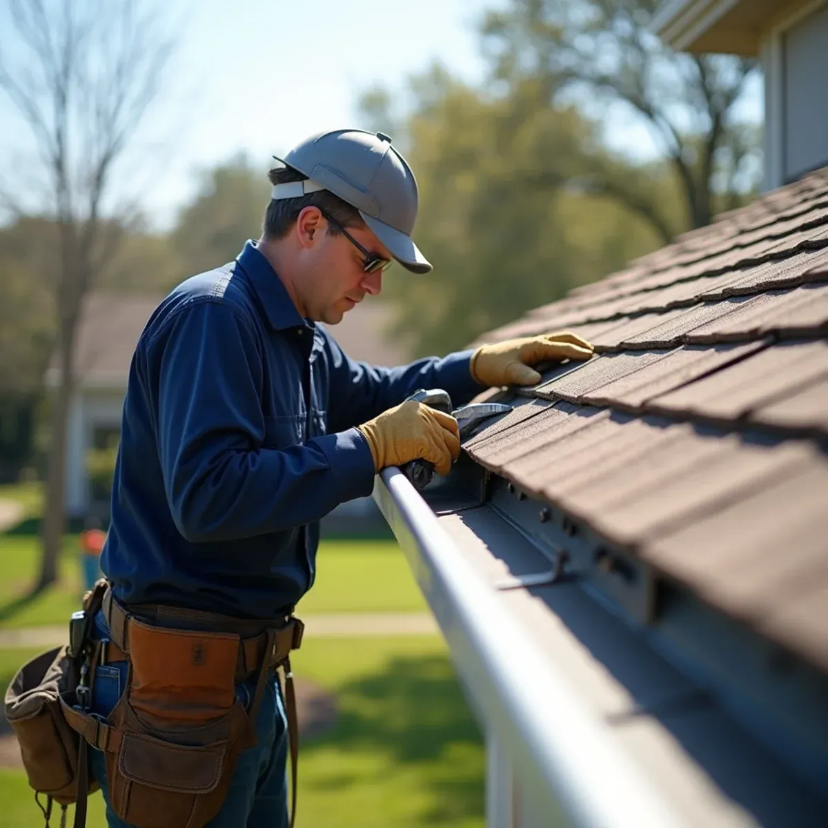 Installer driving hidden hanger screw on wide-eave rural-suburban estate home in Fresno TX