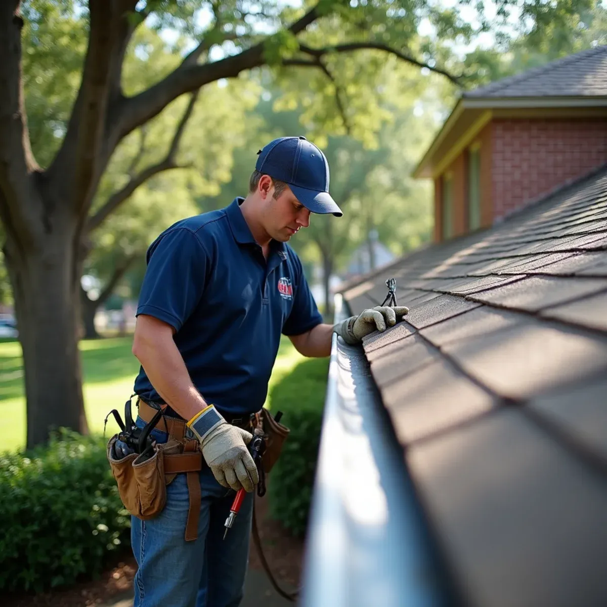 Custom seamless gutters installed on wooded property along Clear Creek greenbelt in Friendswood