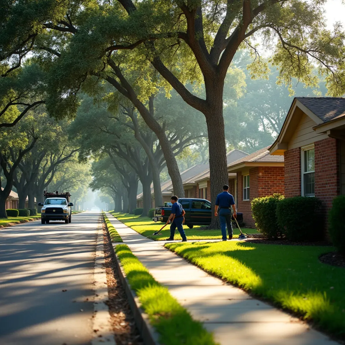 Quiet, mature oak-canopied residential streetscape in Friendswood featuring custom single-story brick homes