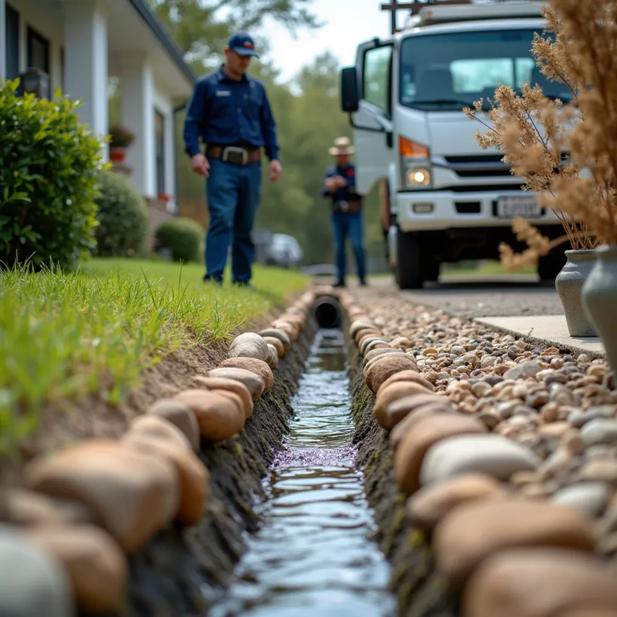 Downspout routing water safely away from residential foundation near coastal saltwater canal