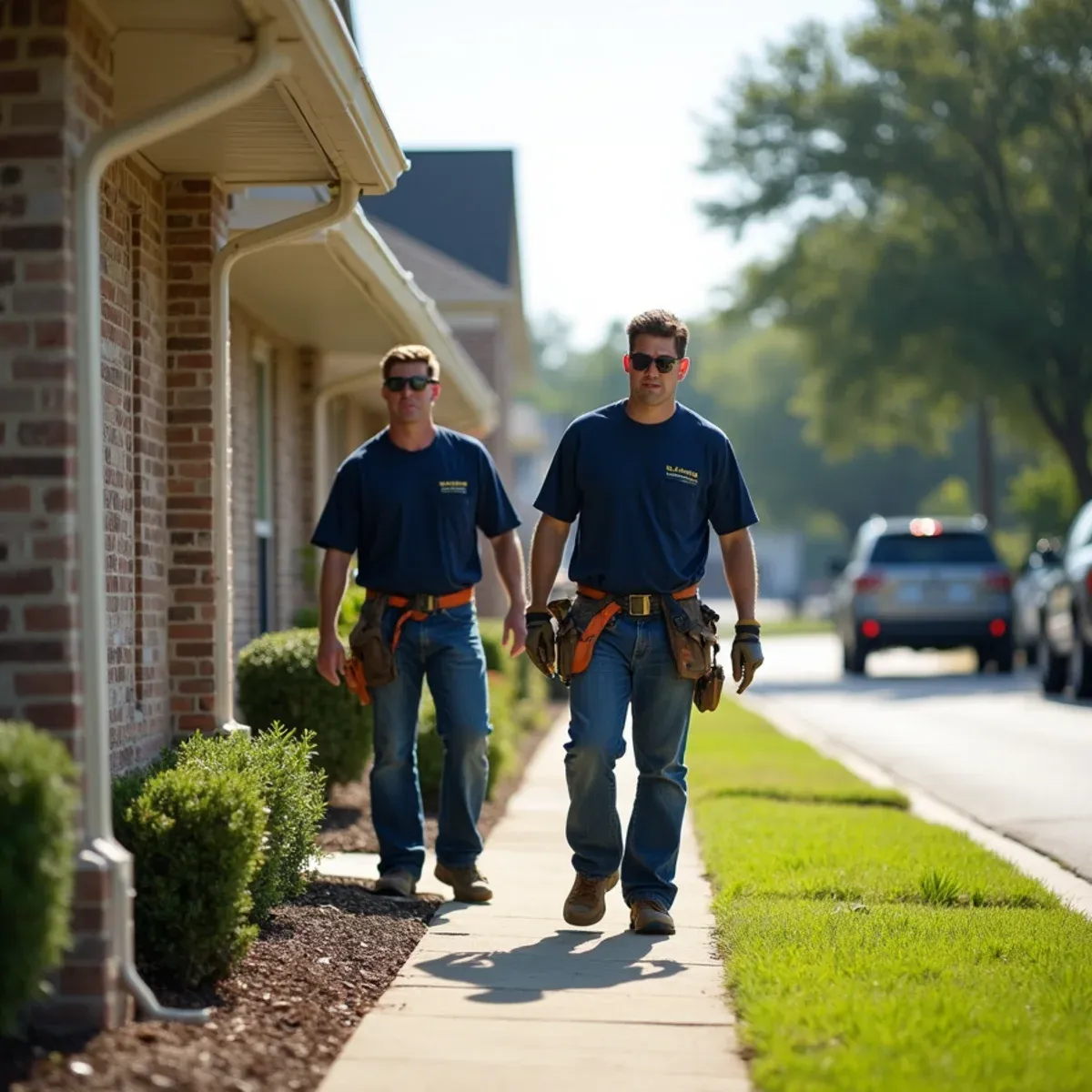 Dense southwest Houston suburban plain with concrete slab foundations and manicured front yards in Mission Bend