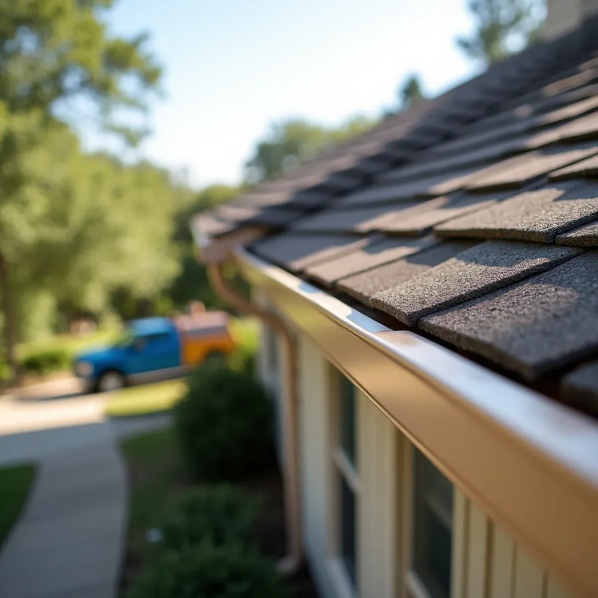 Almond-colored seamless gutters matching HOA architectural guidelines perfectly in Missouri City
