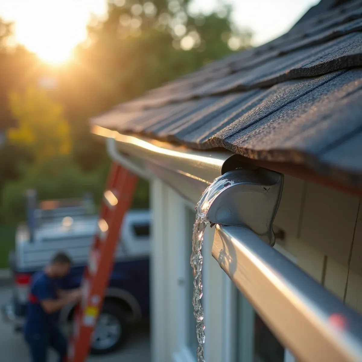 Upper-story downspout discharging directly into lower gutter trough via custom shoe elbow