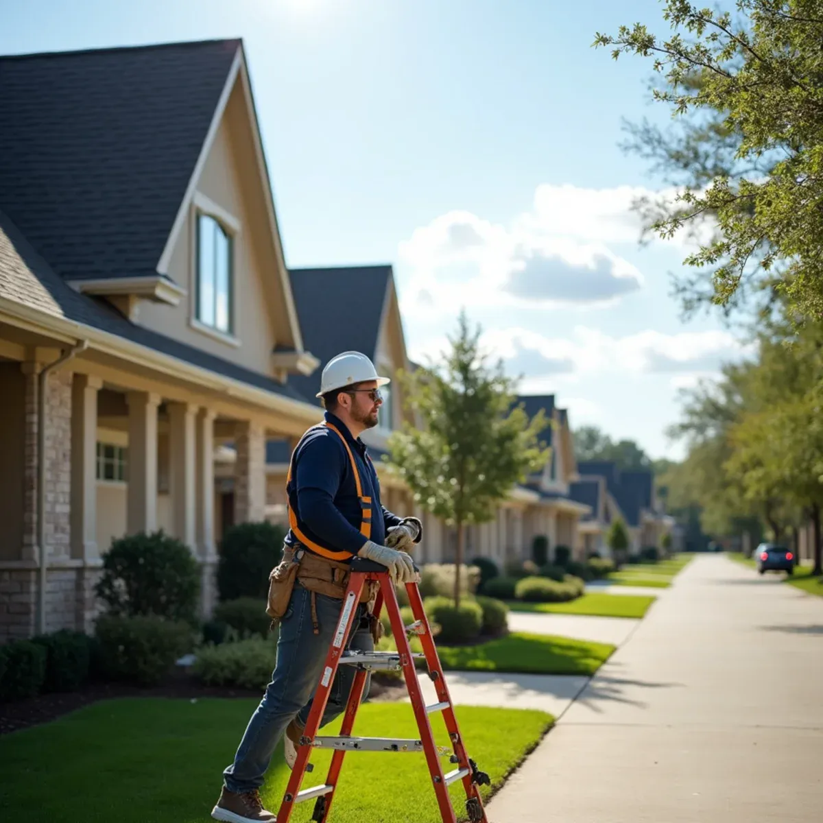 Upscale residential streetscape in Sienna Plantation featuring steep-pitch rooflines and seamless gutters