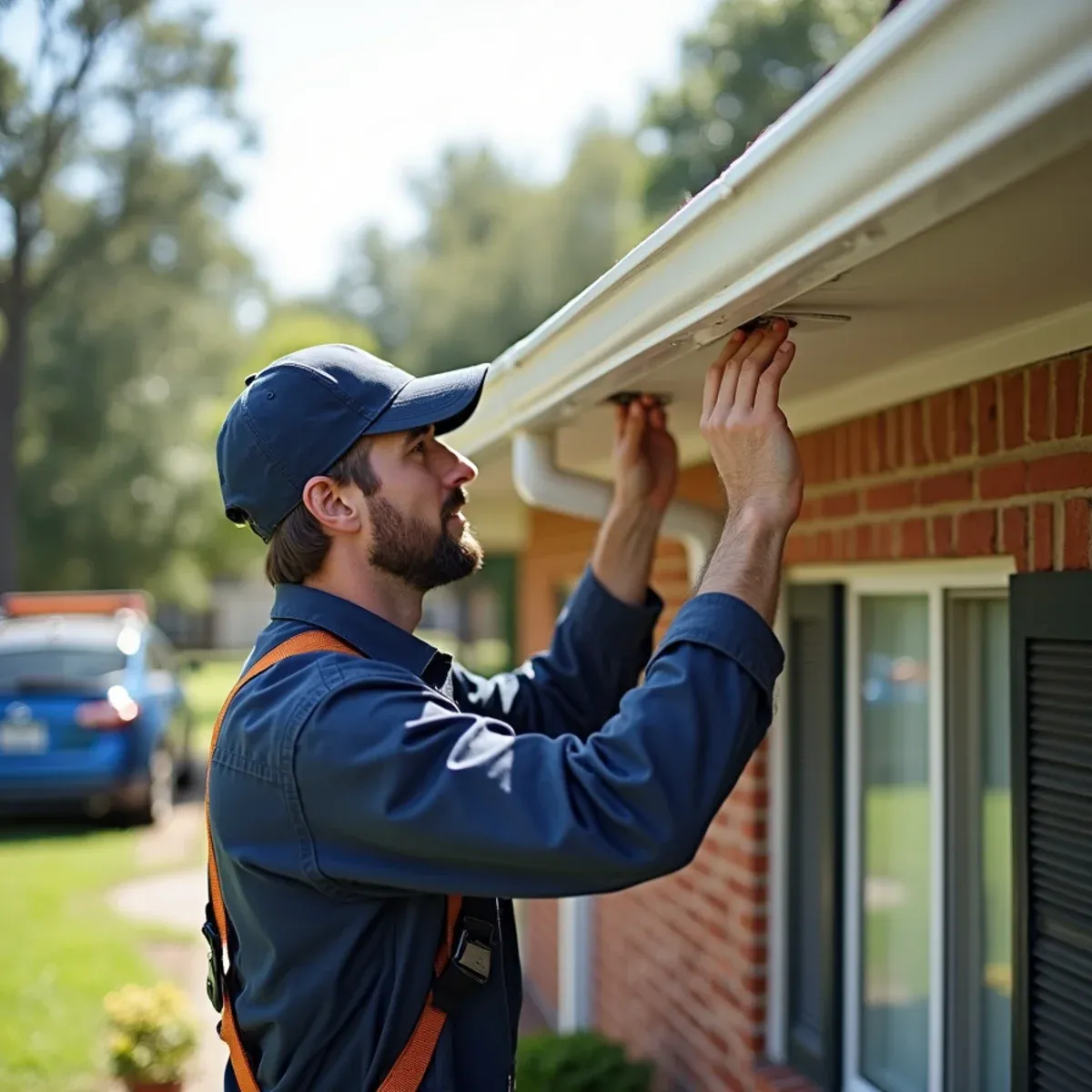 Technician installing clean white seamless gutters on classic brick ranch home along Pasadena street