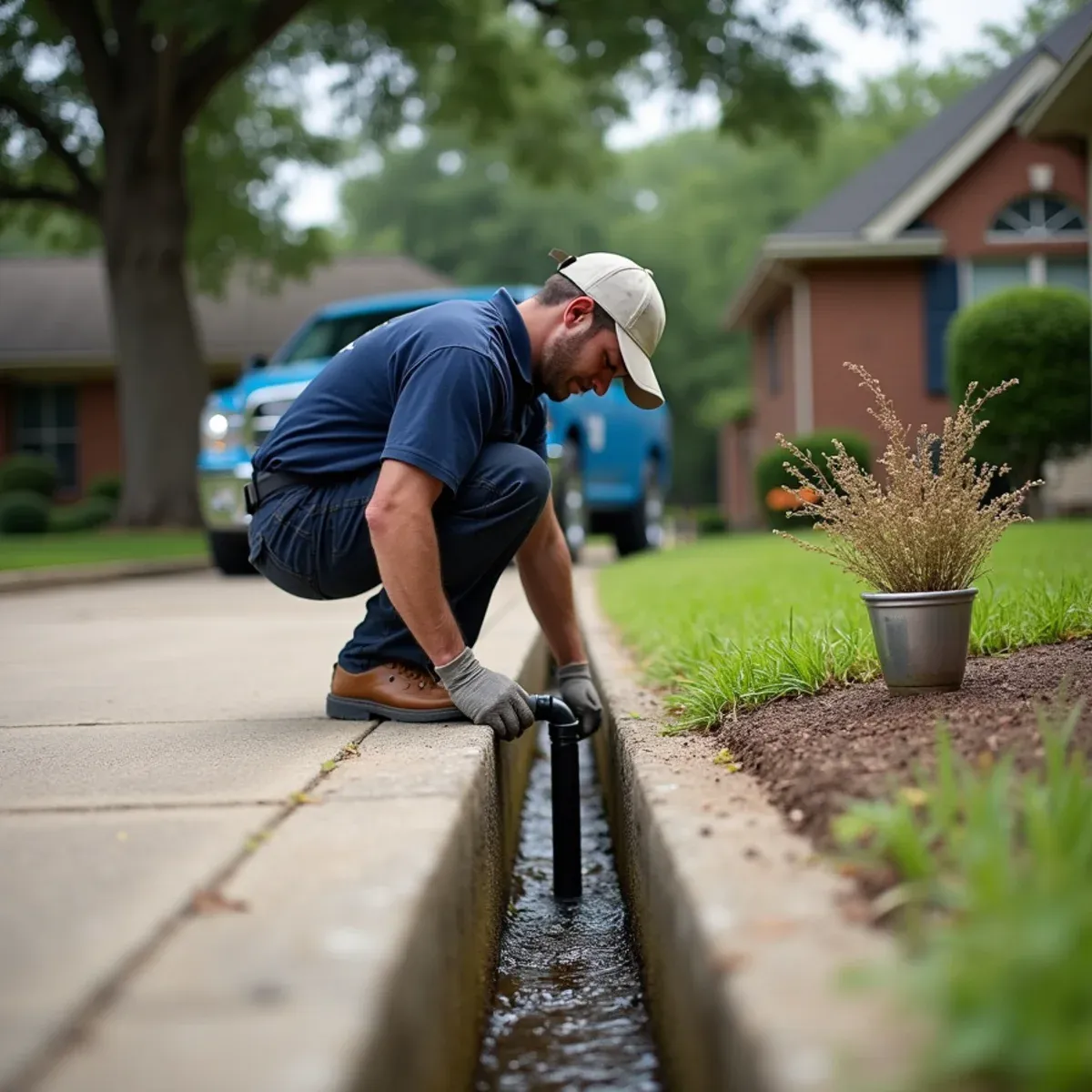 Downspout elbow discharging rainwater into paved swale away from concrete parking pad