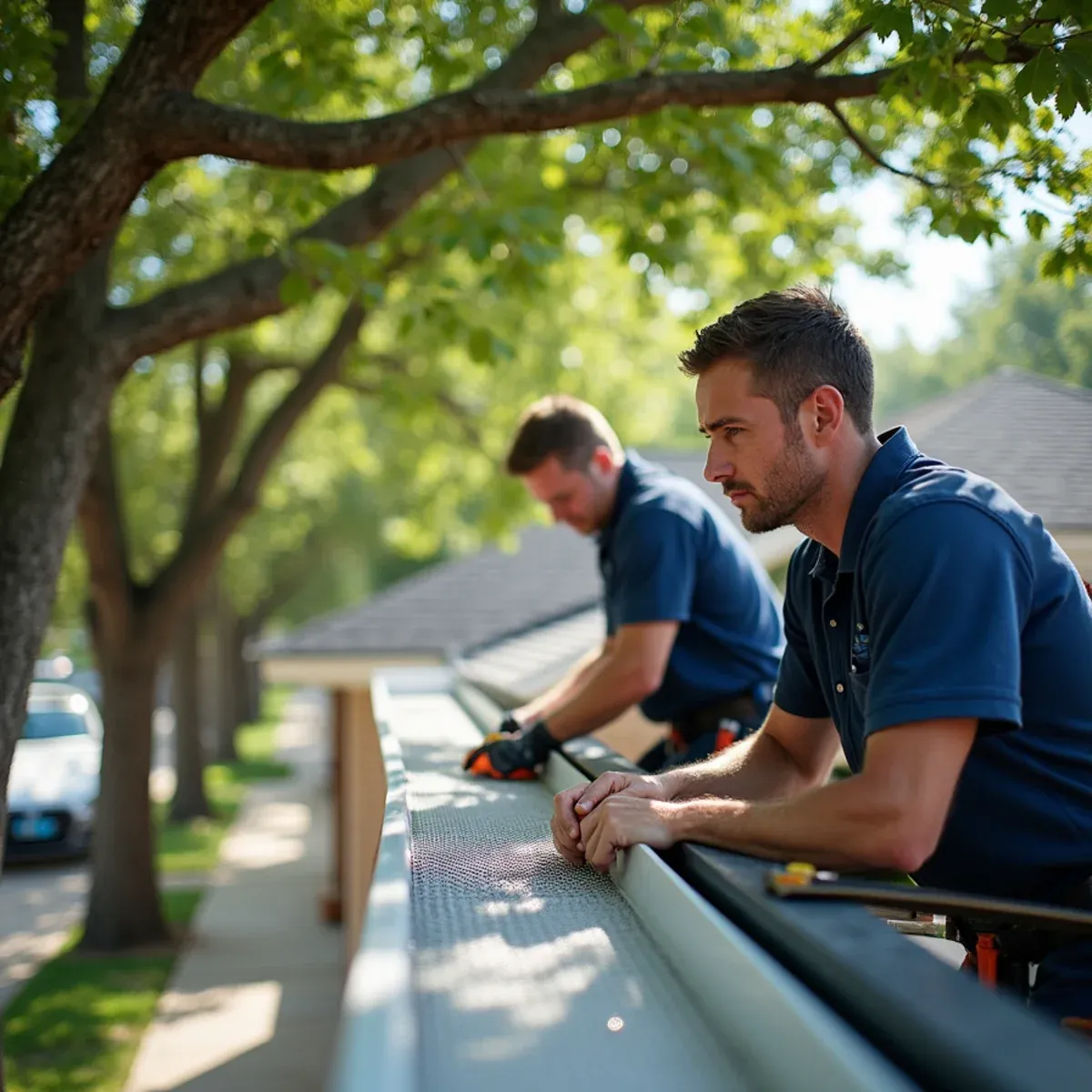 Micro-mesh guard installed over aluminum gutter trough under mature pecan tree canopy