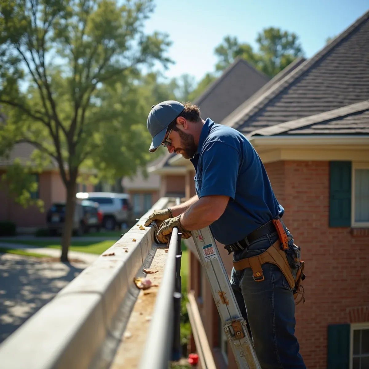 Crew hanging 6-inch seamless aluminum gutters on master-planned subdivision home in Pearland