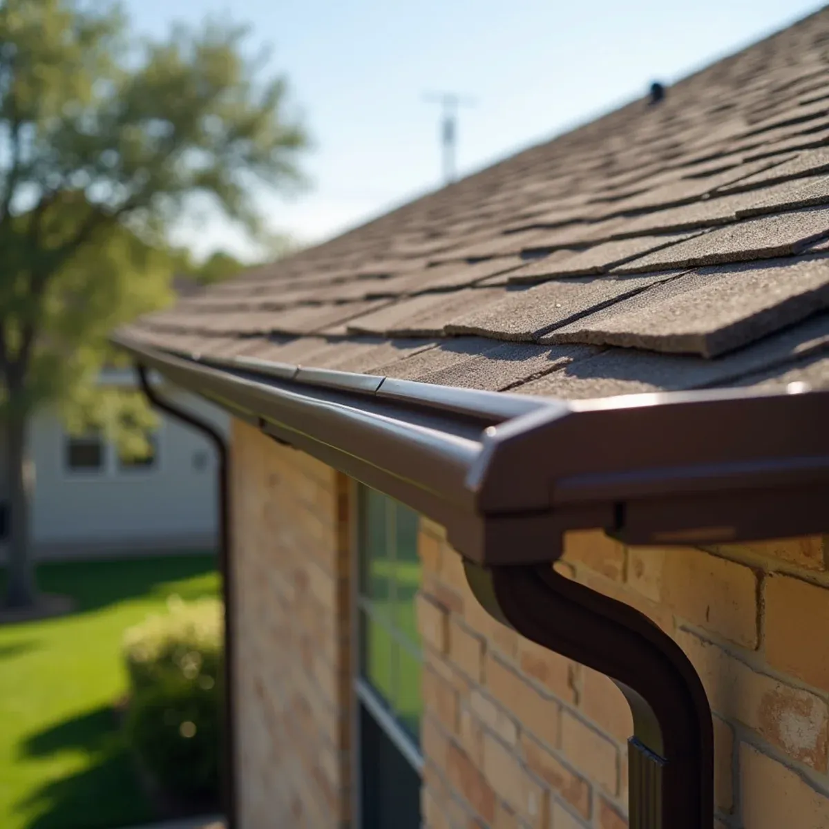Dark bronze seamless gutters matching brown exterior brick and trim on executive Pearland home