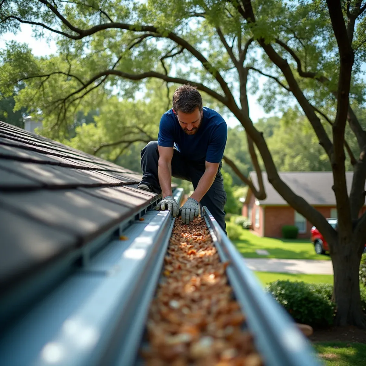 Seamless aluminum gutters with micro-mesh covers installed under dense hardwood and pine forest in Spring