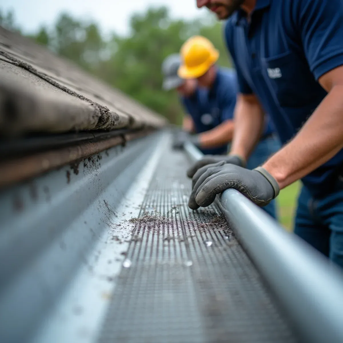 Surgical-grade mesh filtering fine asphalt shingle grit while letting heavy storm water flow freely