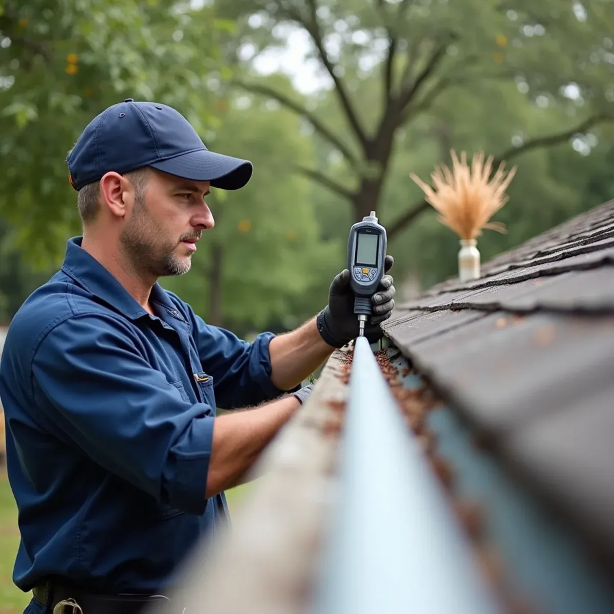 Checking wood sub-fascia behind gutters for moisture damage caused by pine needle moisture traps