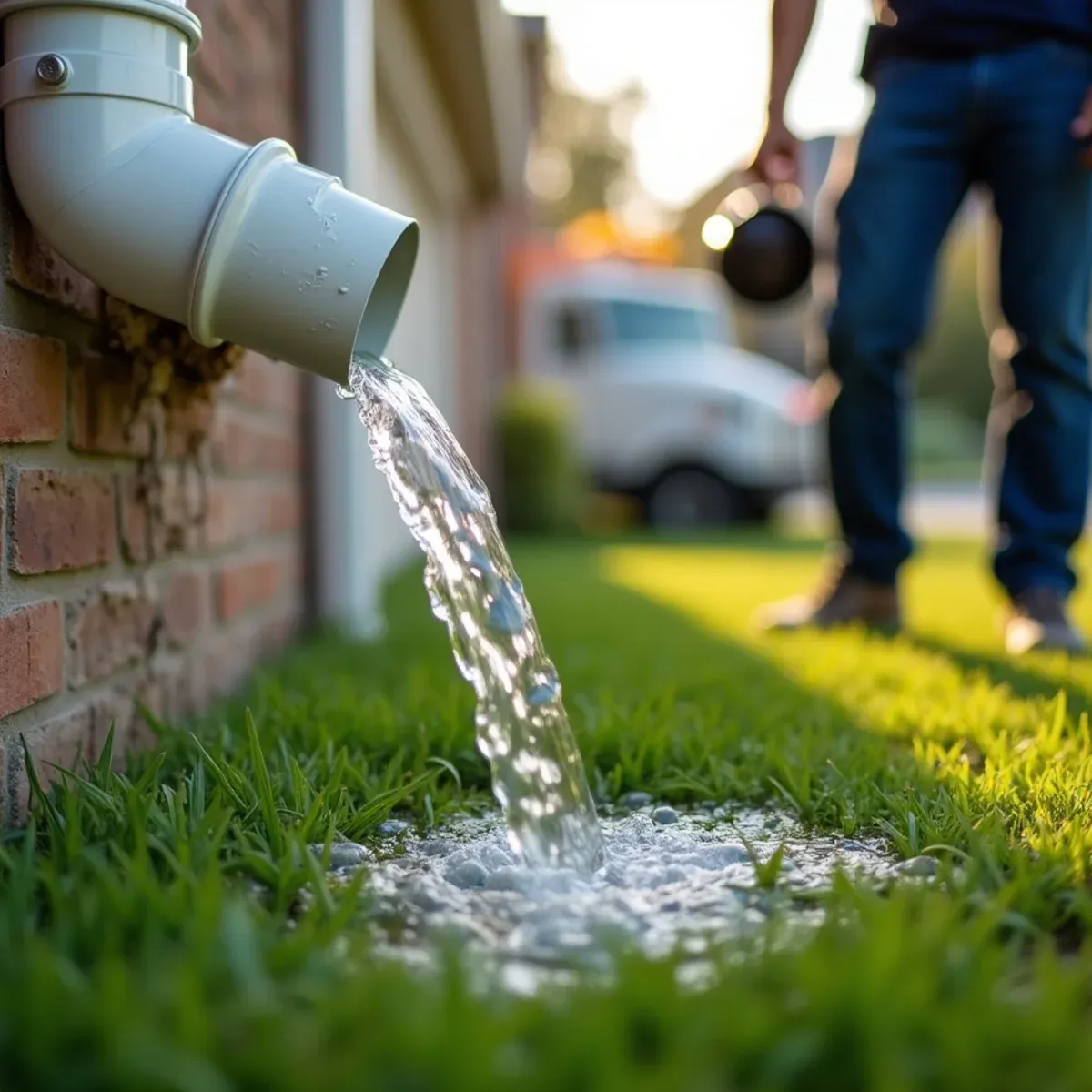 Clear water pouring from downspout boot during routine spring drainage inspection