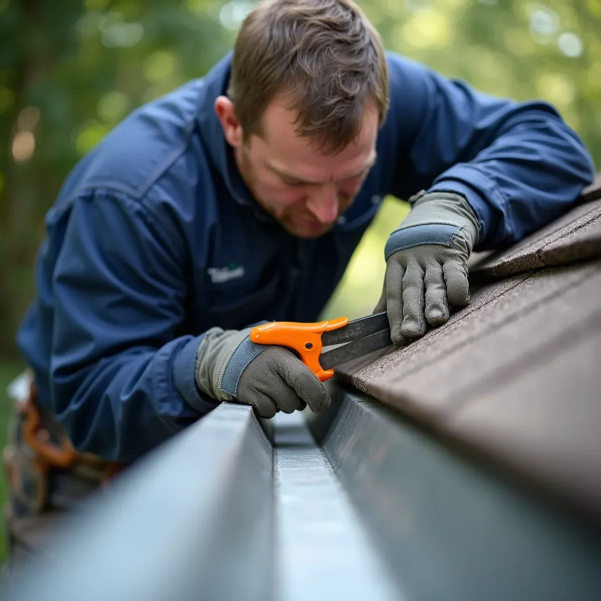 Cutting away dented and crushed section of seamless gutter with precision sheet metal shears