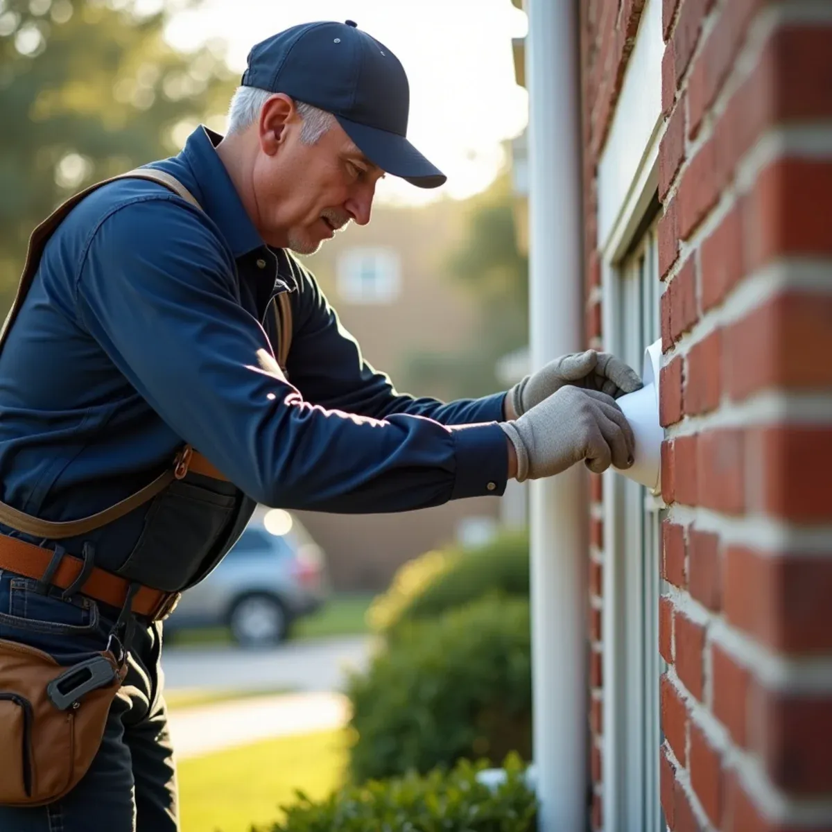 Re-securing wind-displaced vertical downspout with heavy-gauge masonry anchor straps