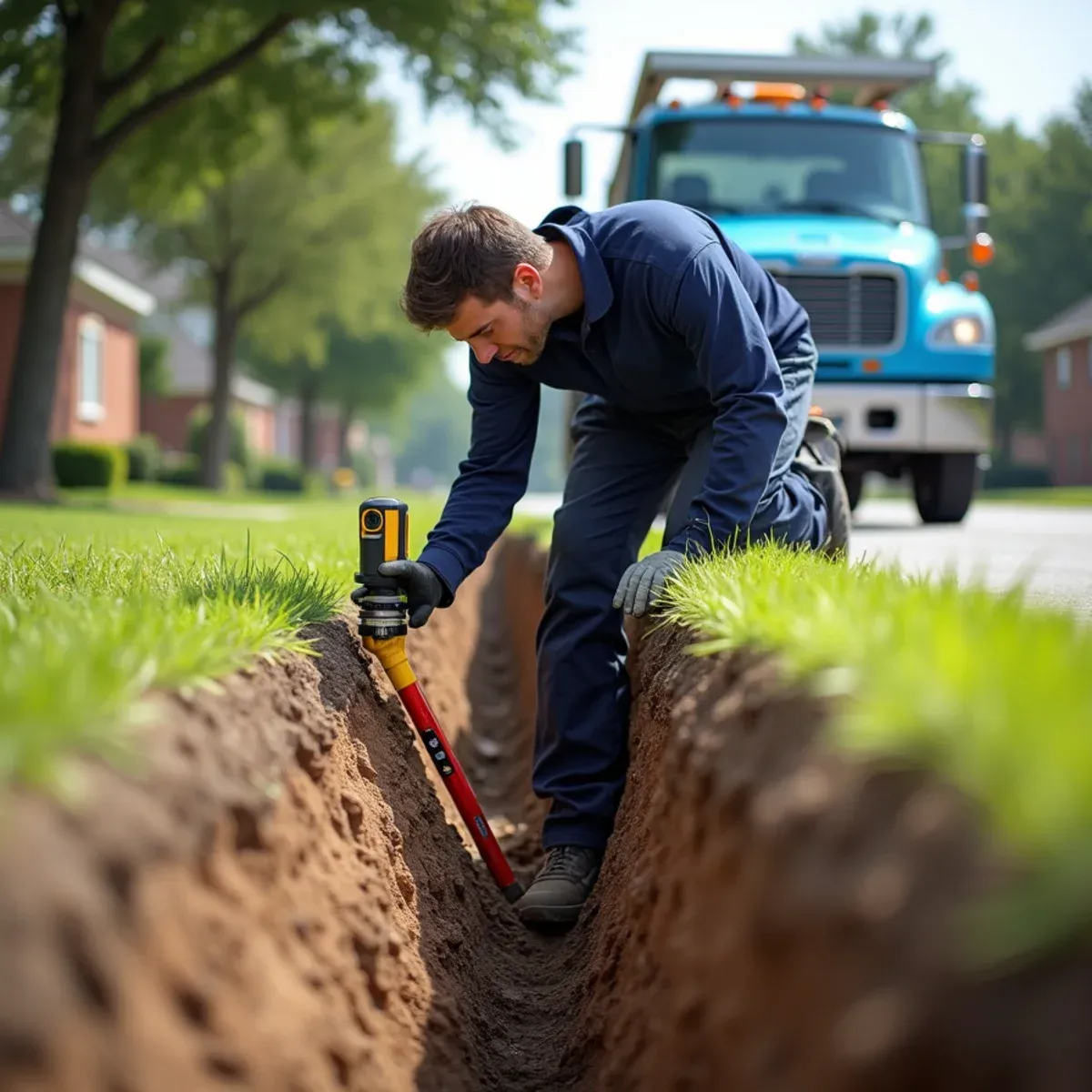Laser level verifying 1% minimum downward slope along excavated trench toward street curb