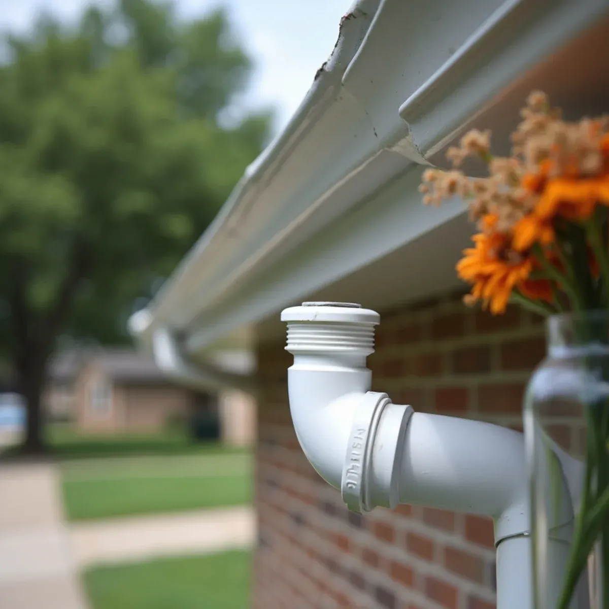 Threaded PVC cleanout adapter installed near downspout base allowing easy garden hose flushing